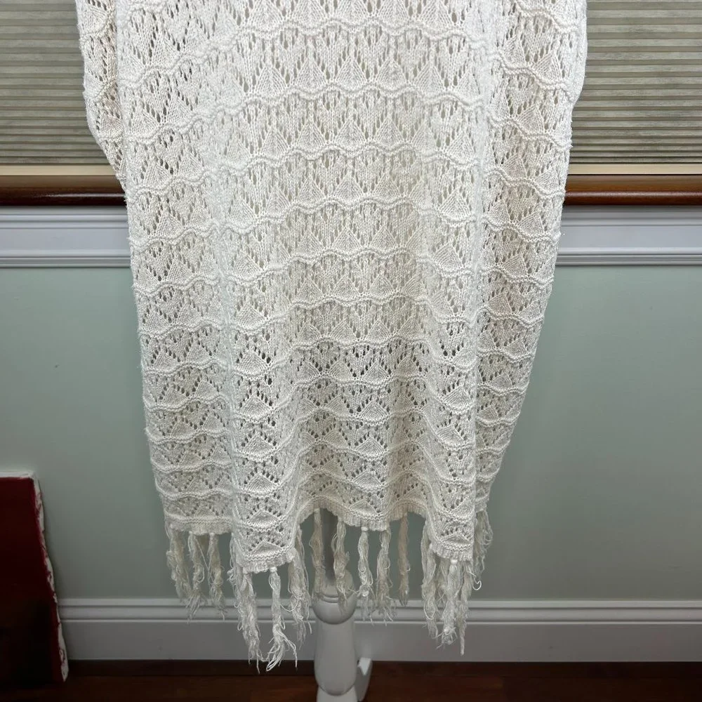 LA Hearts Cotton Linen Crochet Open Knit Open Front Longline Fringed Cardigan